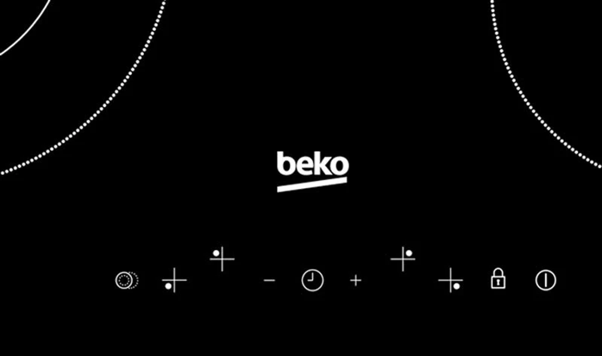 Czarna płyta indukcyjna z logo Beko, sterowaniem dotykowym i symbolami. Znaki koła i plusa.