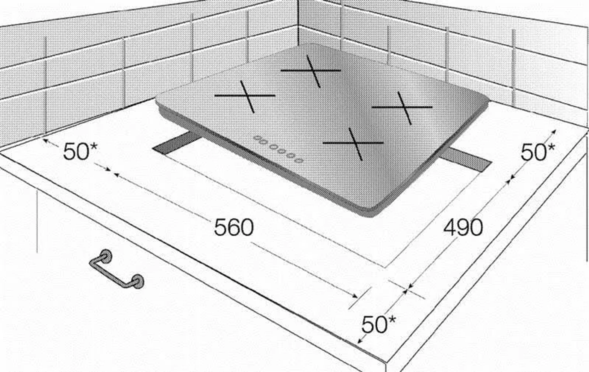 Widok izometryczny płyty grzewczej zainstalowanej w rogu kuchni, z zaznaczonymi wymiarami.