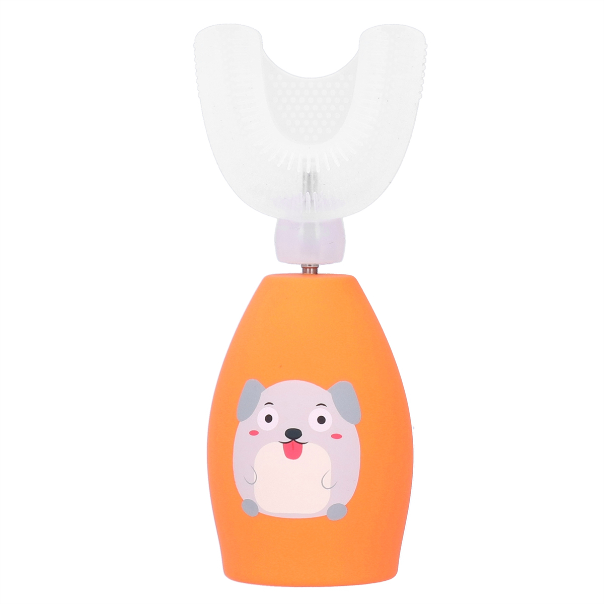 Orange Zahnbürste mit U-förmigem Bürstenkopf, für Kinder, mit Cartoon-Hund auf dem Sockel.