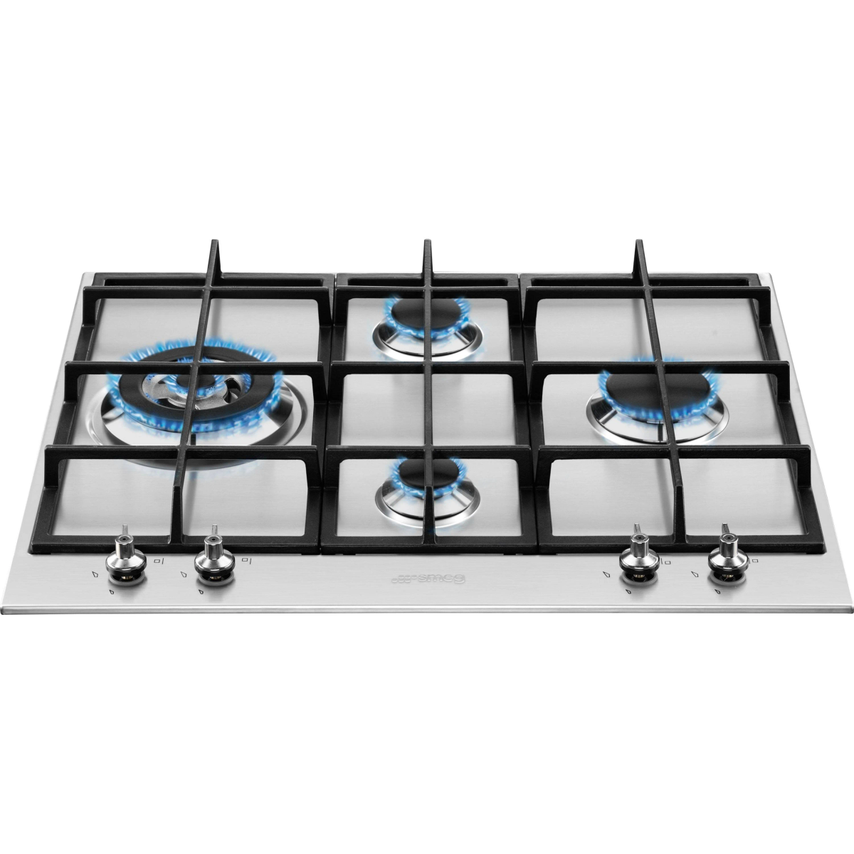 Piano cottura a gas con sei fuochi. Fiamme blu. Superficie in acciaio inox.