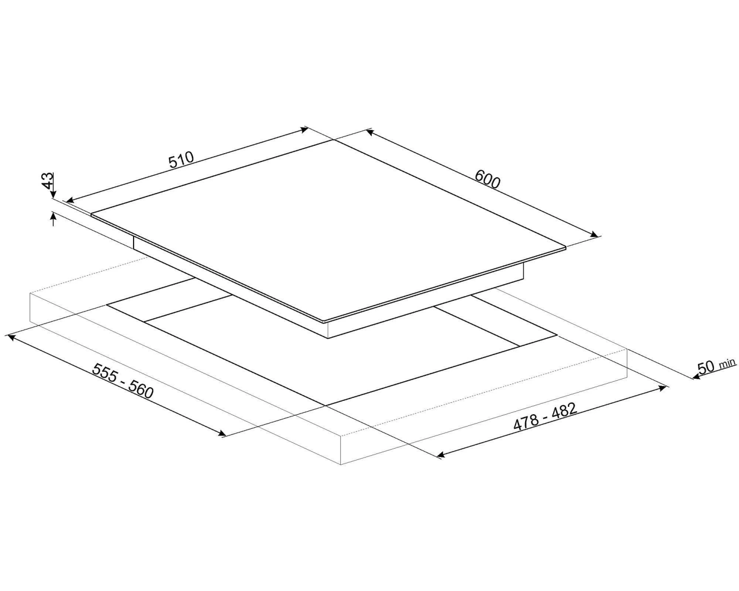 Vista isometrica di un piano cottura rettangolare, che mostra le dimensioni.