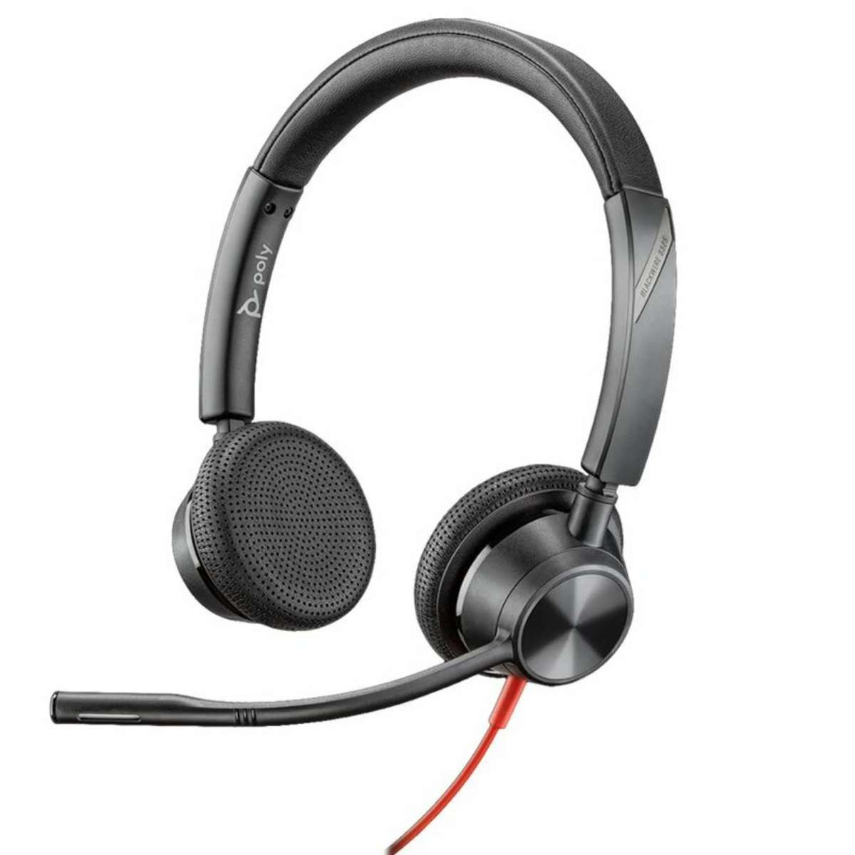 Auriculares negros con micrófono de brazo y cable rojo.