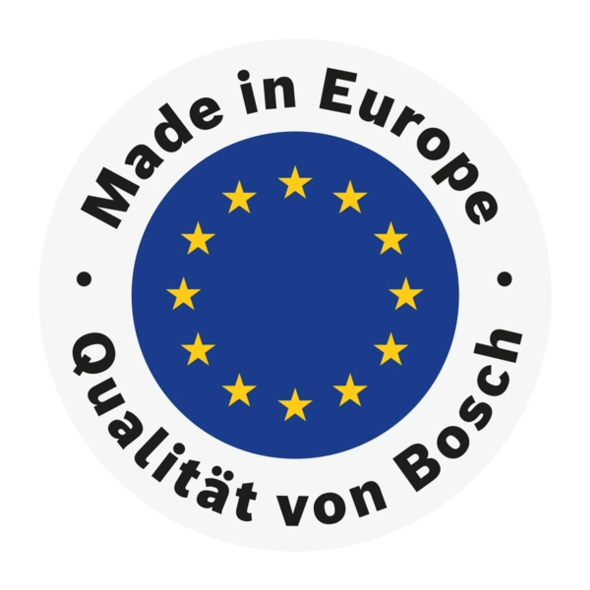Białe koło z niebieską flagą Unii Europejskiej i tekstem 'Made in Europe'.