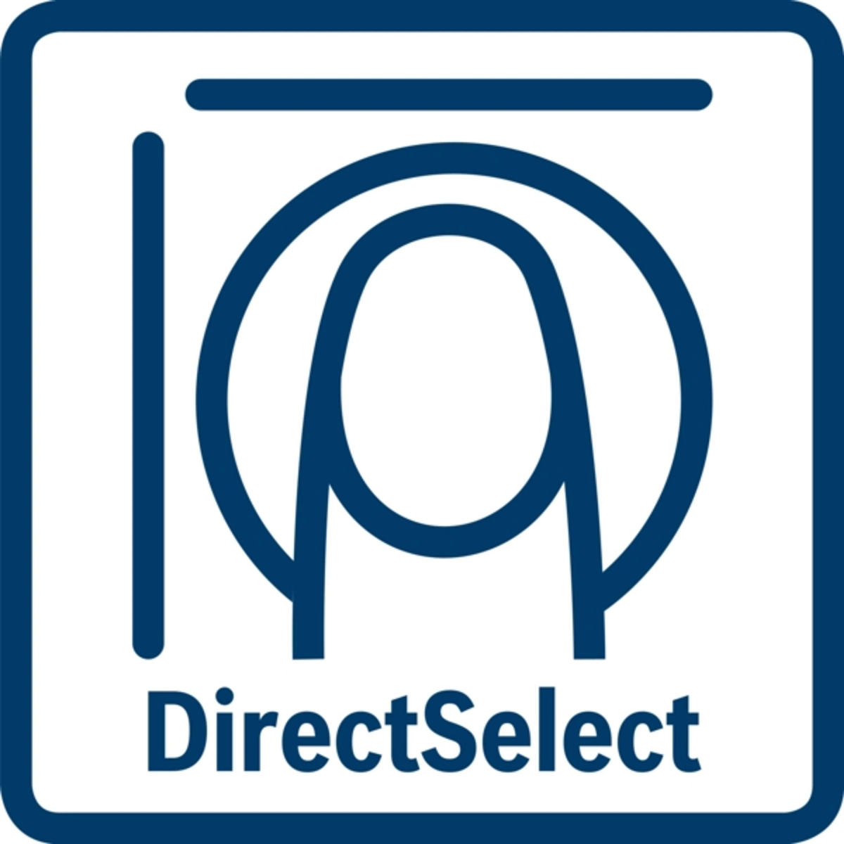 Logo DirectSelect. Niebieski kwadrat z tekstem DirectSelect i stylizowaną ikoną palca.