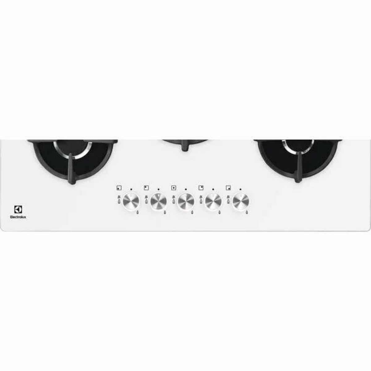 Biała płyta grzewcza z pięcioma czarnymi palnikami i pokrętłami, marki Electrolux.