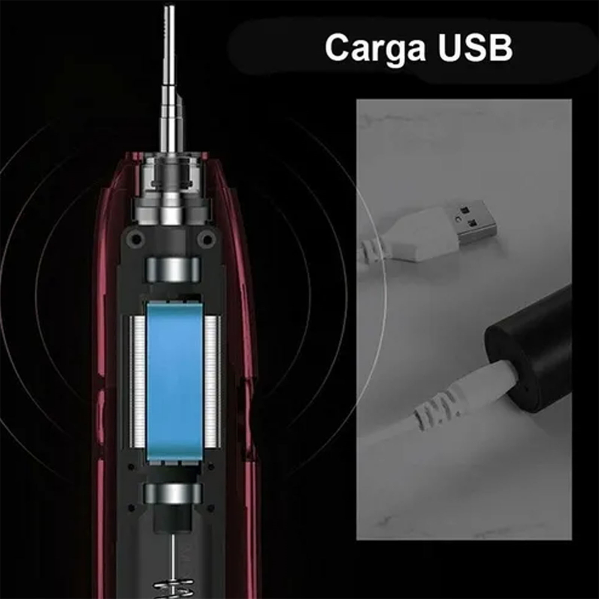 Interne Ansicht eines roten Geräts mit USB-Ladeanschluss und Kabel.