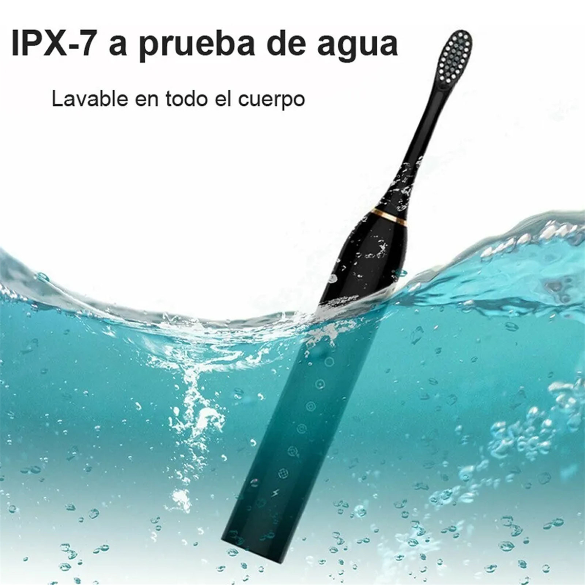 Schwarze elektrische Zahnbürste unter Wasser, Text: IPX-7 wasserdicht, waschbar am ganzen Körper.