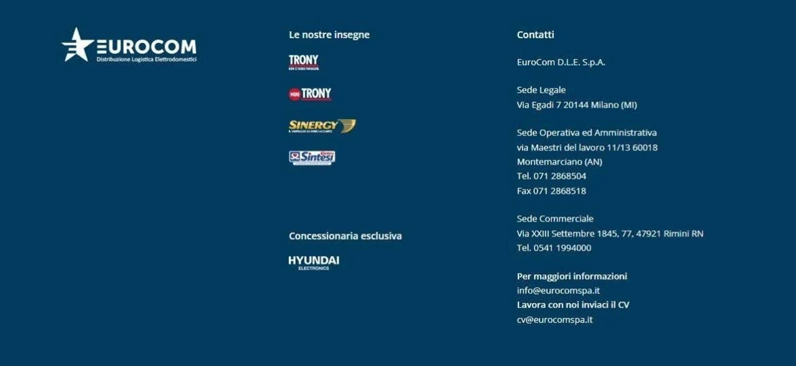 Ciemnoniebieskie tło z logo Eurocom i danymi kontaktowymi, w tym Trony i Hyundai.