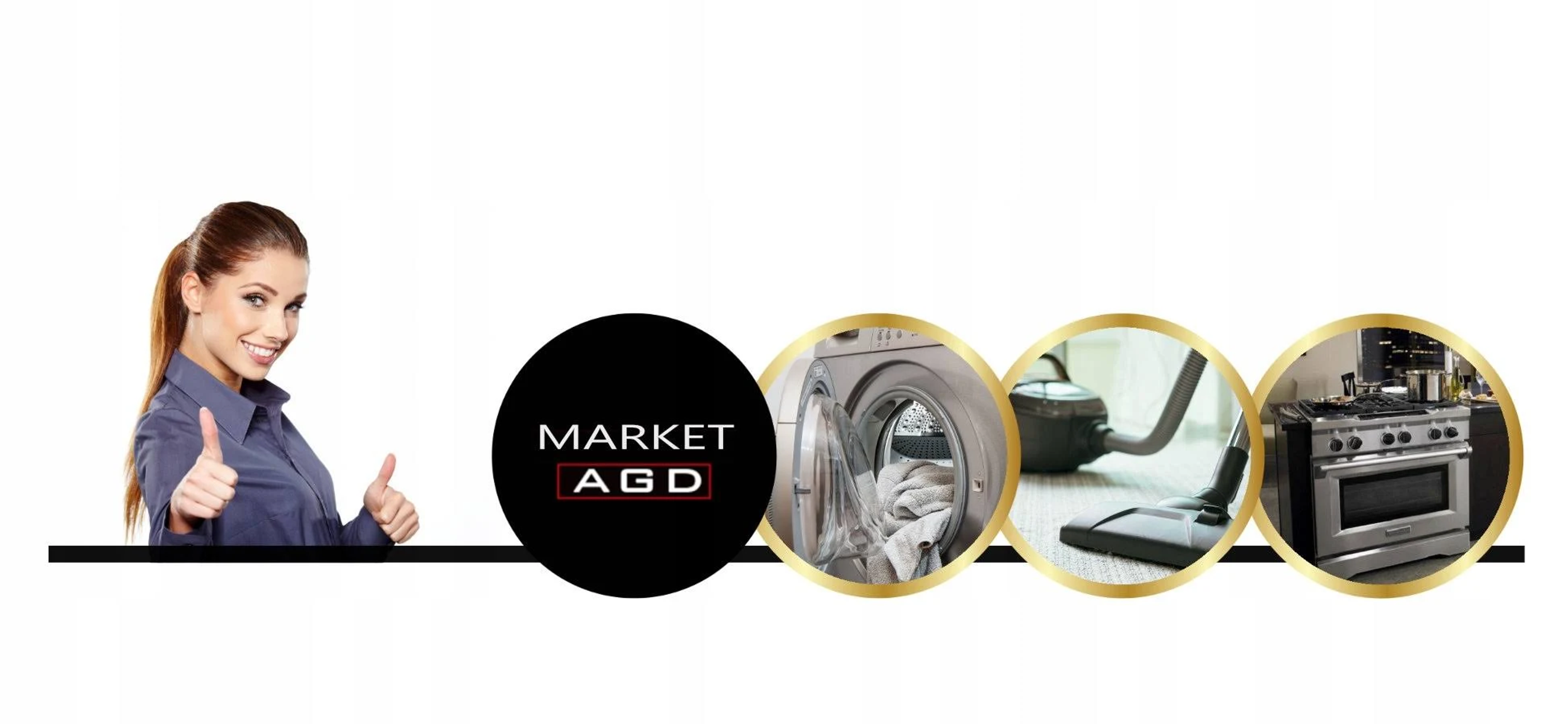 Kobieta z kciukiem w górę obok czarnego koła z tekstem: MARKET AGD, ze zdjęciami urządzeń.