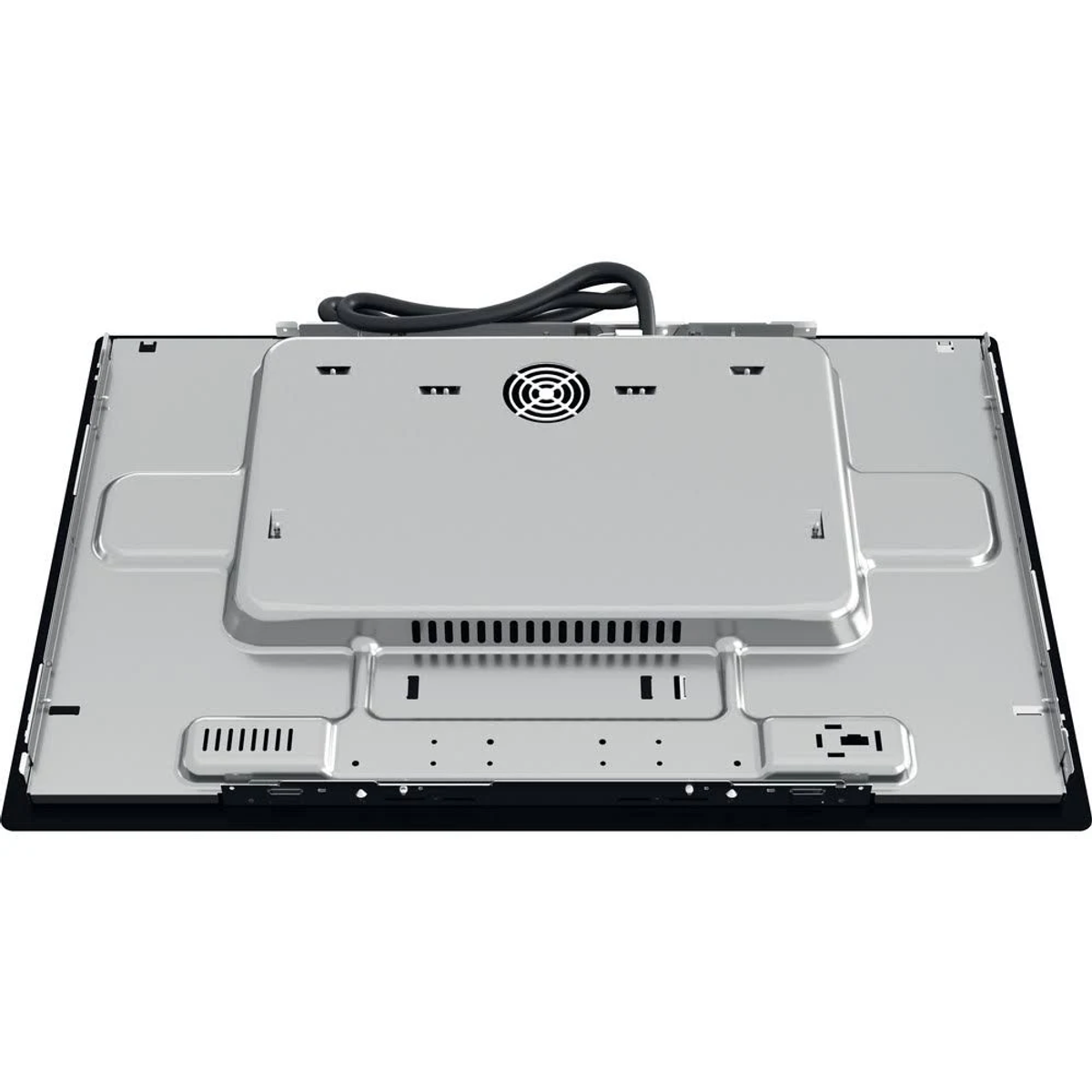 Spód płyty indukcyjnej, pokazujący tylny panel, wentylator i przewód zasilający.