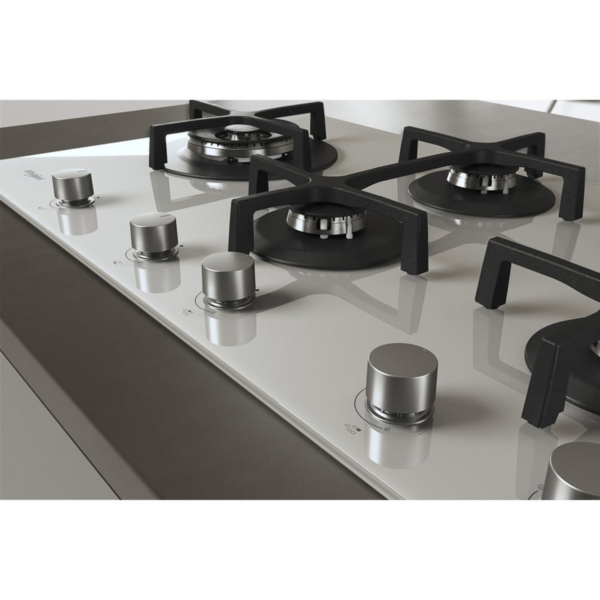 Biała płyta grzewcza z czarnymi rusztami i srebrnymi pokrętłami.