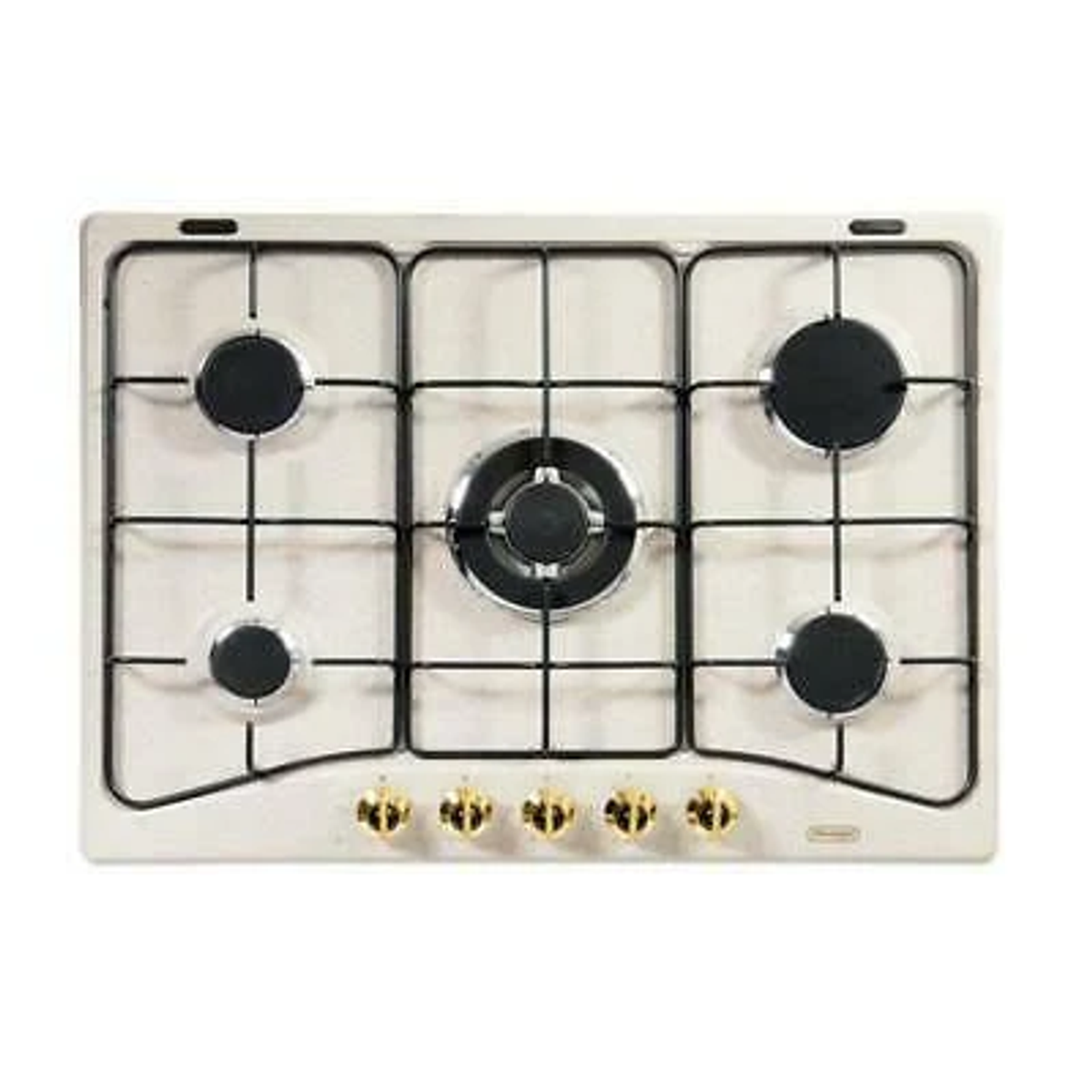Kremowo-biała płyta gazowa z pięcioma palnikami i złotymi pokrętłami.