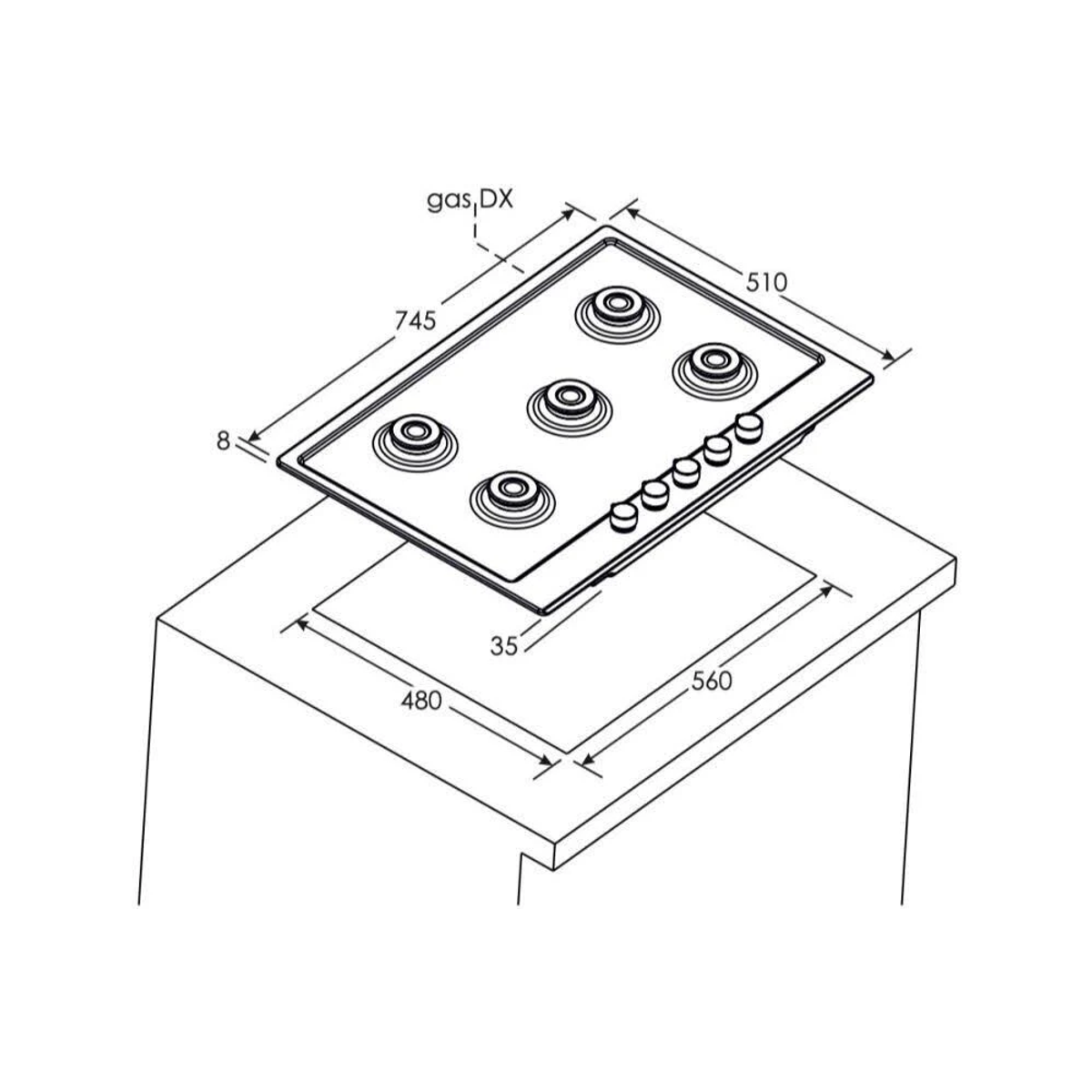Widok z góry na płytę gazową z wymiarami. Znajduje się na białej powierzchni i ma pięć palników.