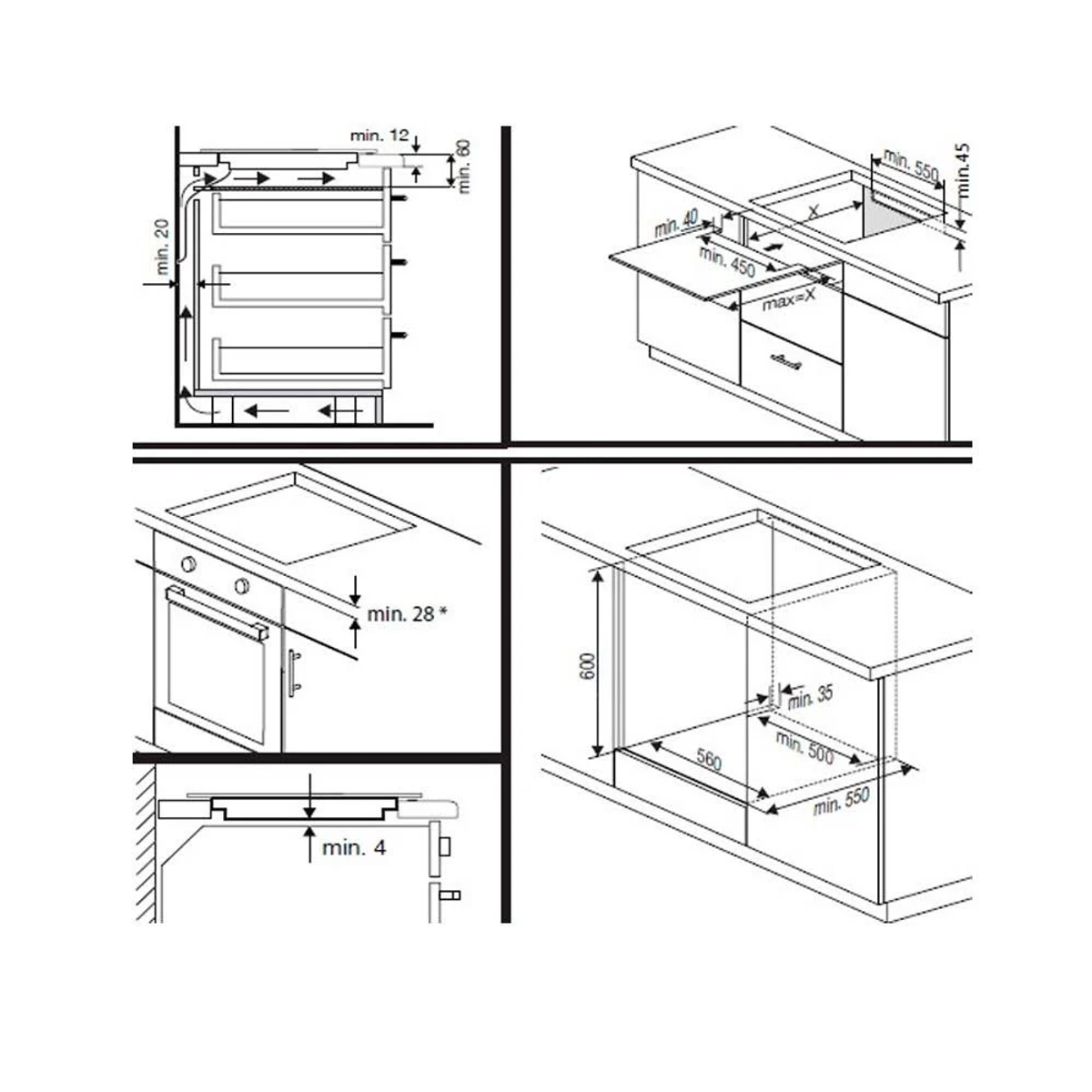 Dibujos técnicos de una cocina, que muestran medidas para la instalación de electrodomésticos.