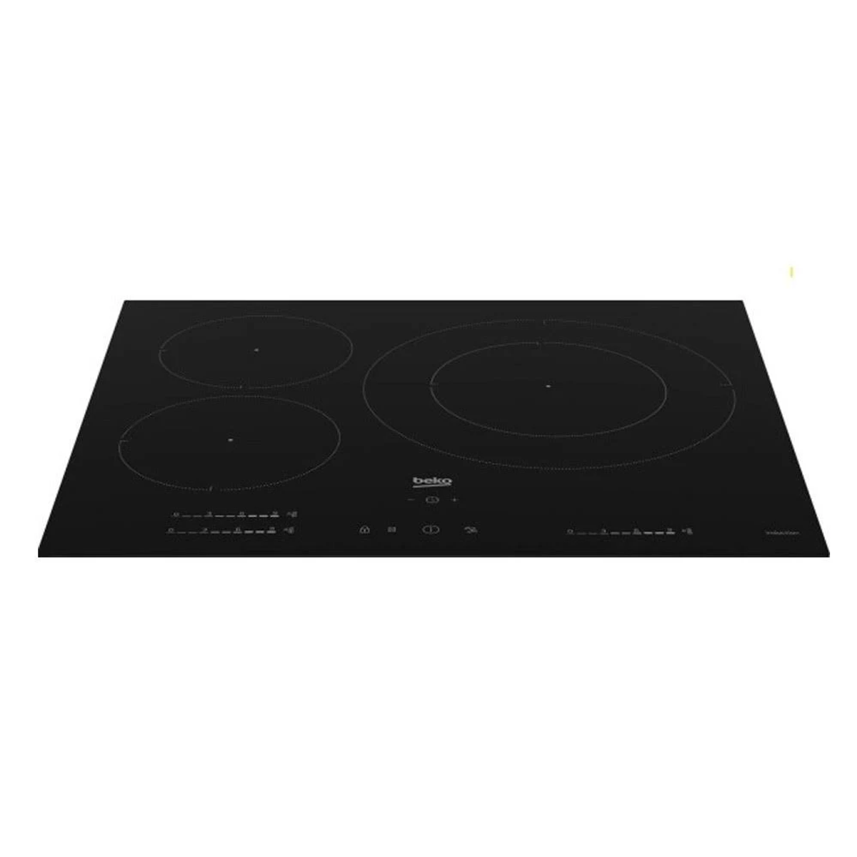 Placa de inducción Beko negra con 4 zonas de cocción. Controles en la parte inferior. Fondo blanco.