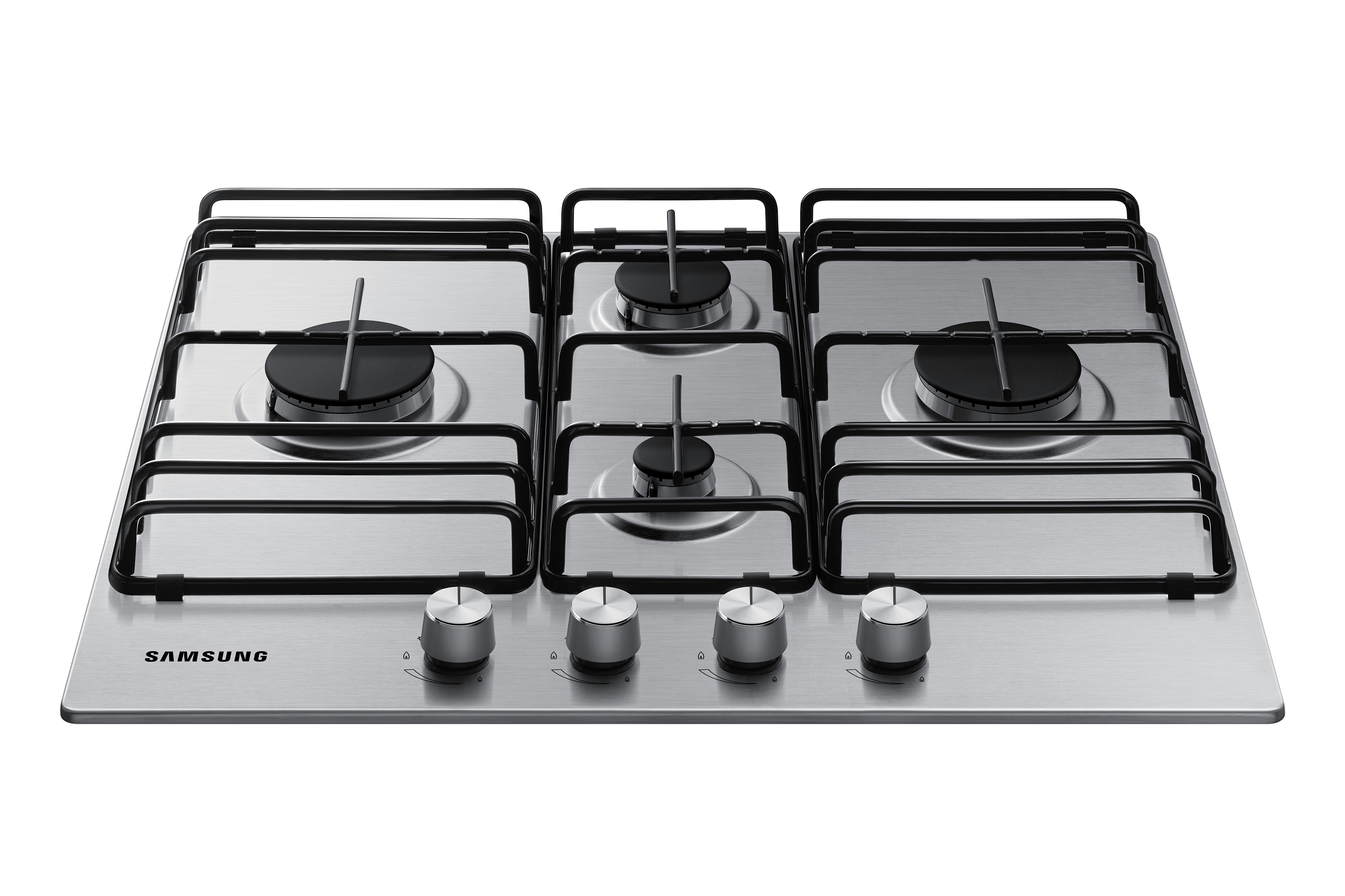 Piano cottura a gas Samsung in acciaio inox con cinque bruciatori e manopole di controllo, su sfondo bianco.