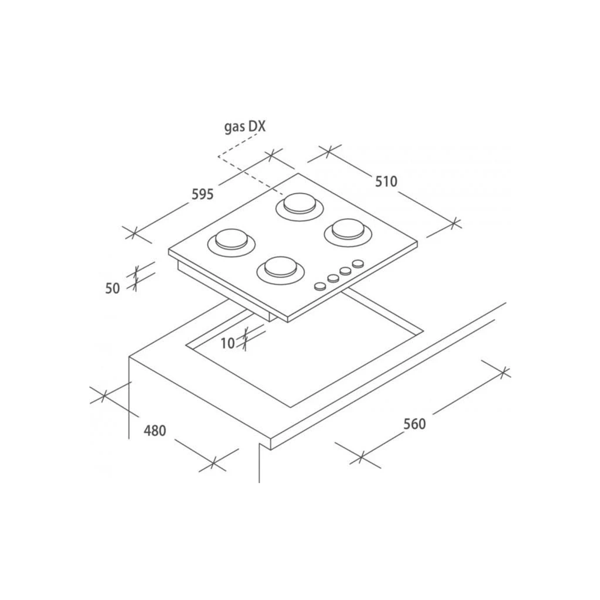 Schemat białej płyty gazowej z czterema palnikami i wymiarami. Pokazuje wycięcie w blacie.