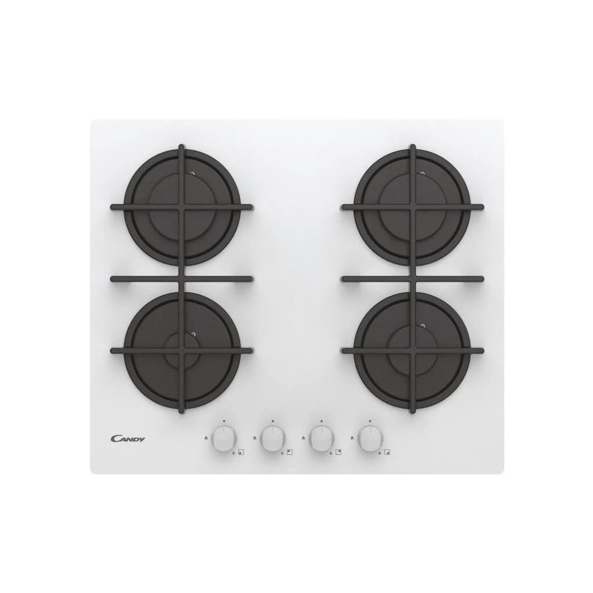 Biała płyta kuchenna z czterema czarnymi rusztami palnikowymi i srebrnymi pokrętłami, widoczna marka Candy.