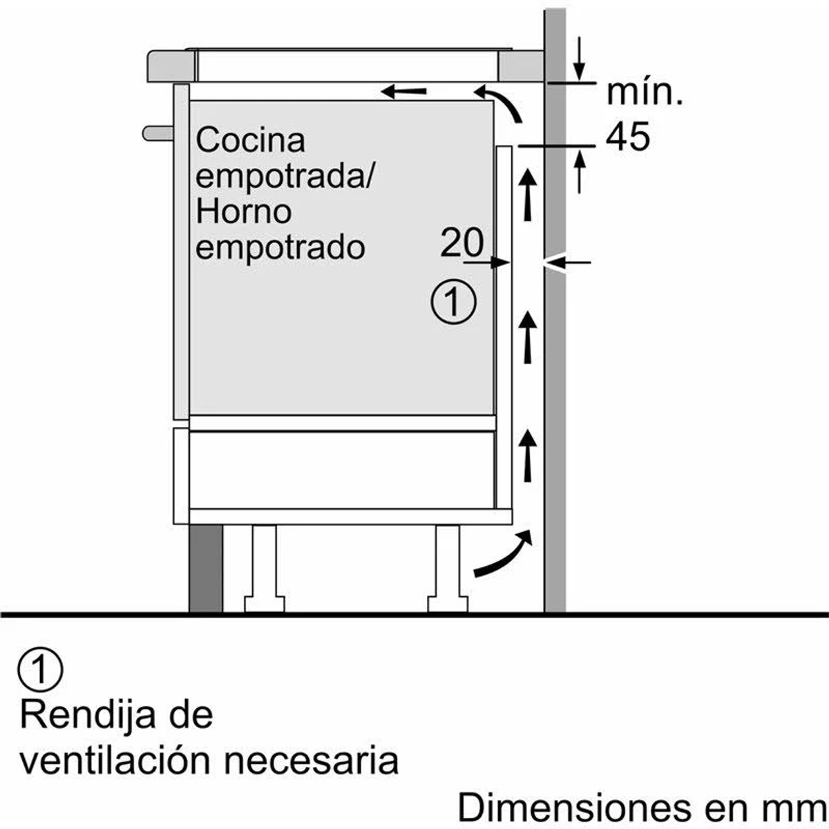 Schemat piekarnika i płyty grzewczej do zabudowy z wymiarami w mm.