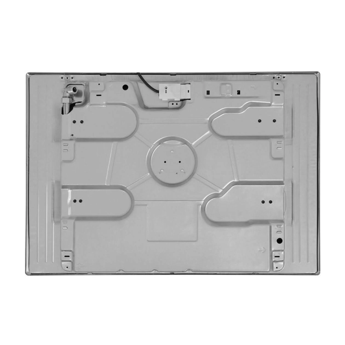 Spód metalowego urządzenia, pokazujący wewnętrzną strukturę z różnymi elementami.