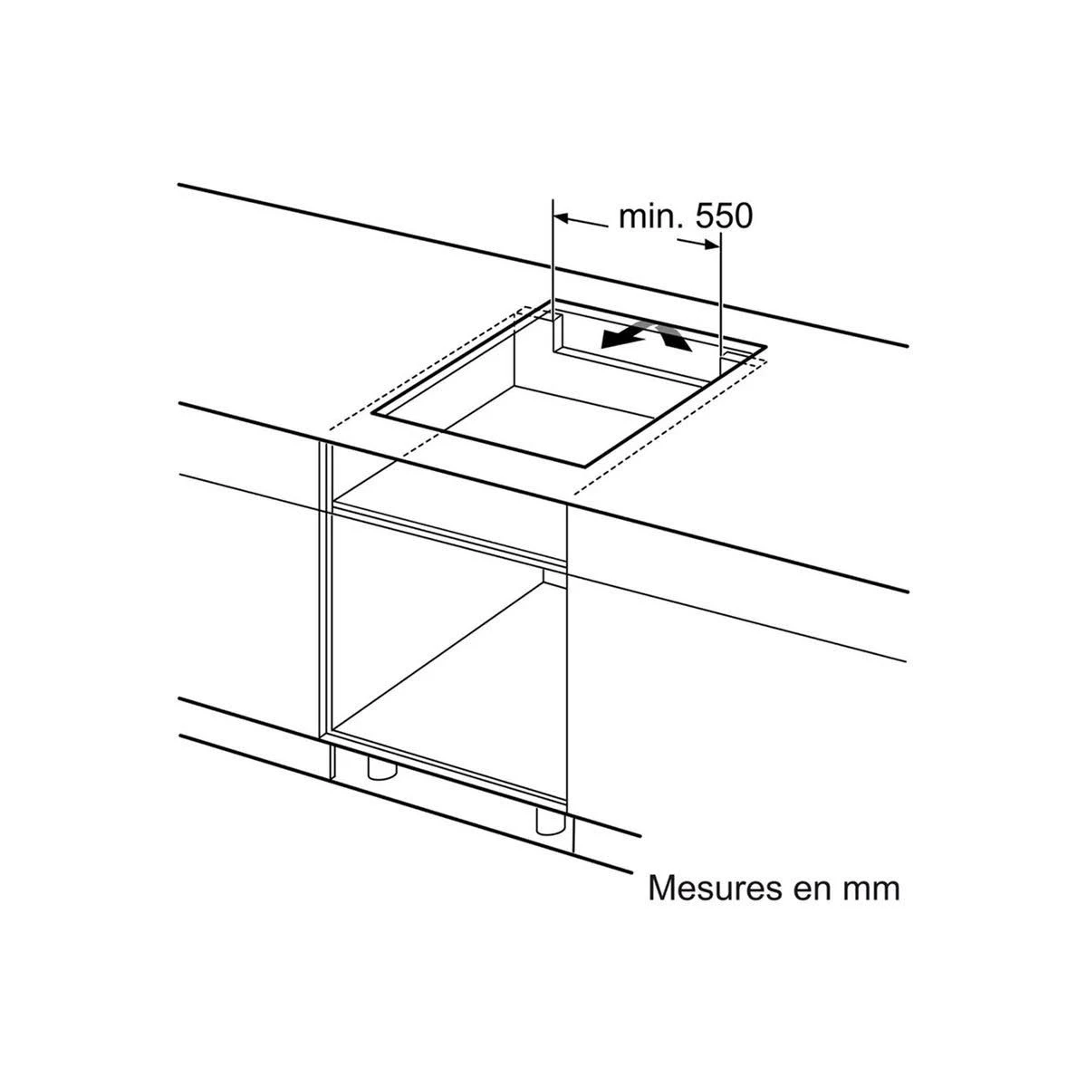 Schemat przedstawiający wymiary instalacji płyty grzejnej, z wymiarami w milimetrach.
