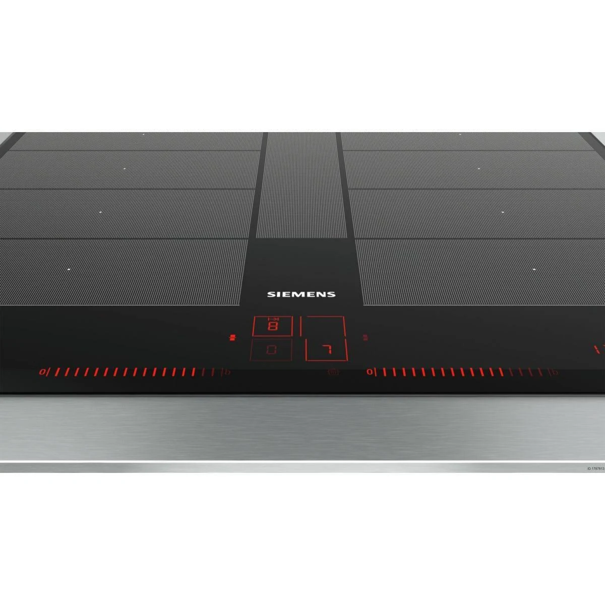 Płyta indukcyjna Siemens z cyfrowym wyświetlaczem pokazującym liczby. Czarna powierzchnia, stalowa obudowa.