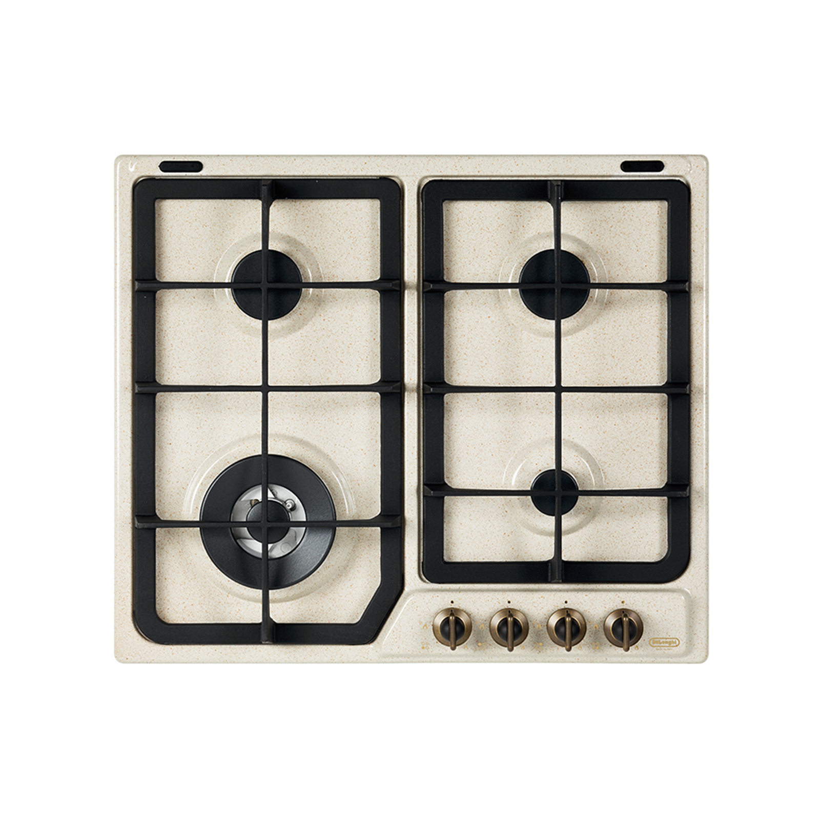 Kremowa płyta gazowa z czterema palnikami i mosiężnymi pokrętłami.