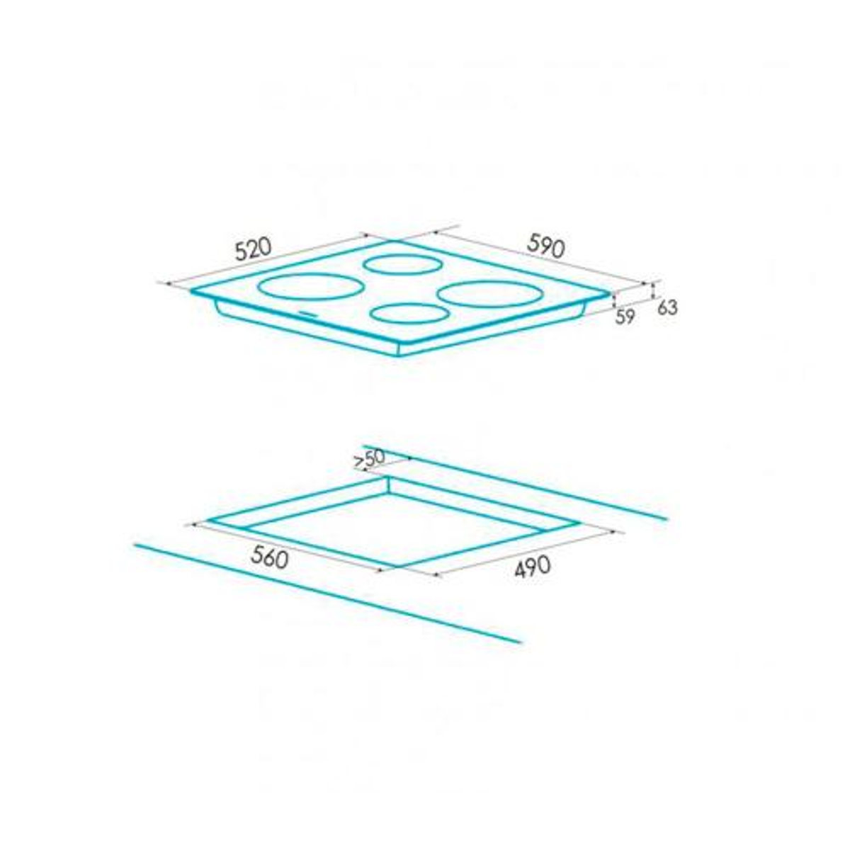 Diagrama de una placa con medidas. La placa tiene cuatro zonas de cocción y dimensiones.