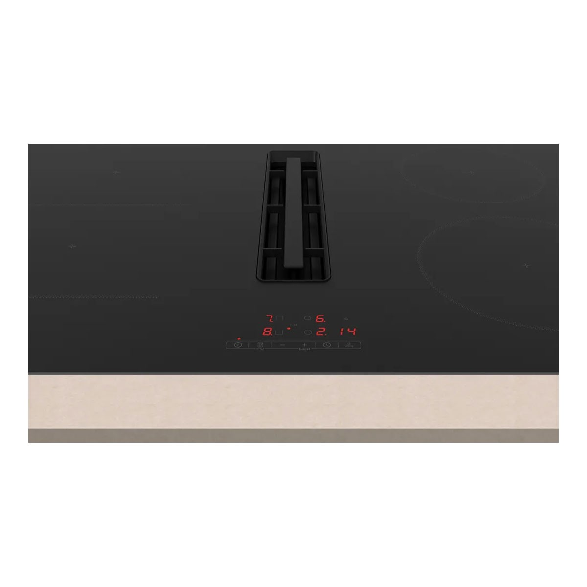 Placa de inducción negra con campana integrada, pantalla digital y controles táctiles.