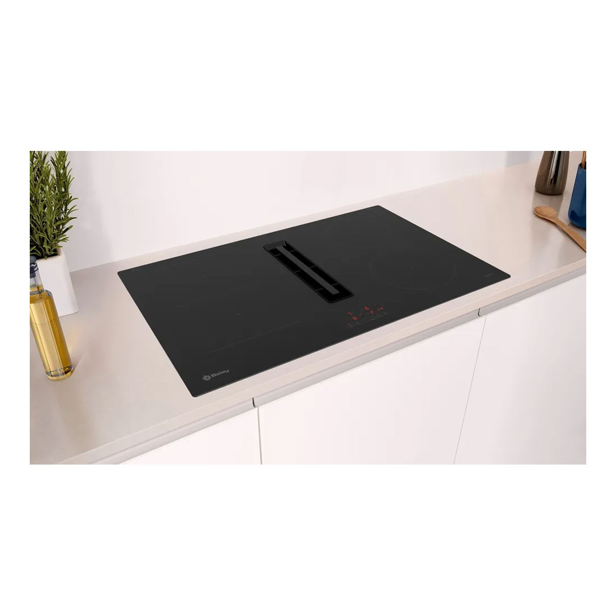 Primer plano del panel de control negro de una placa de inducción con encendido y temporizador.
