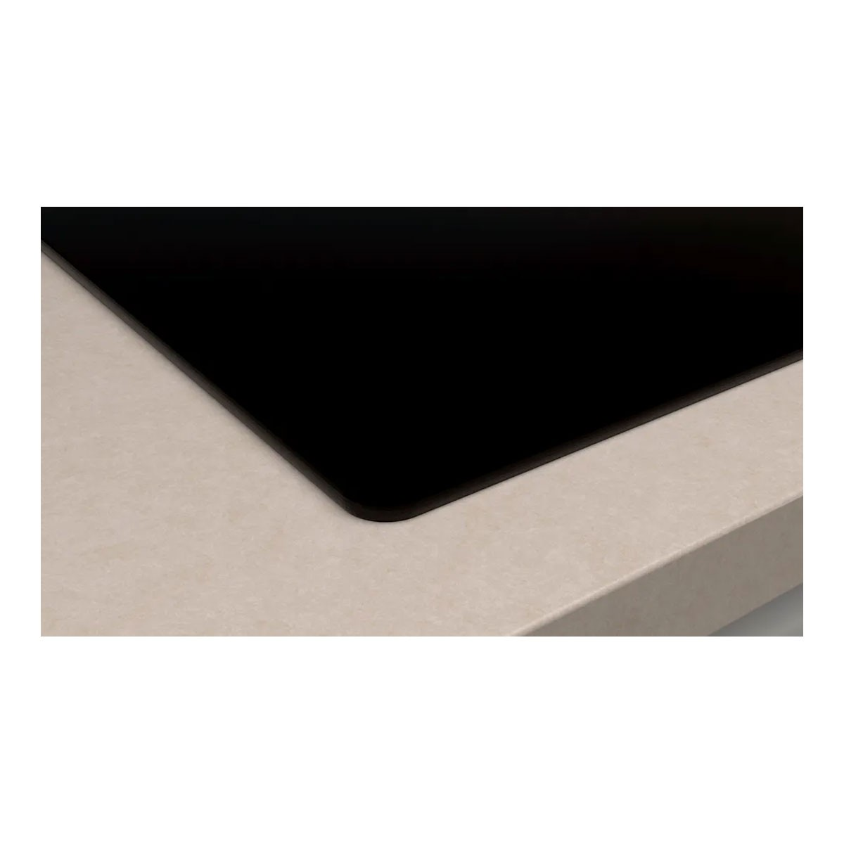 Primer plano de una placa negra sobre una encimera beige claro, esquina visible.