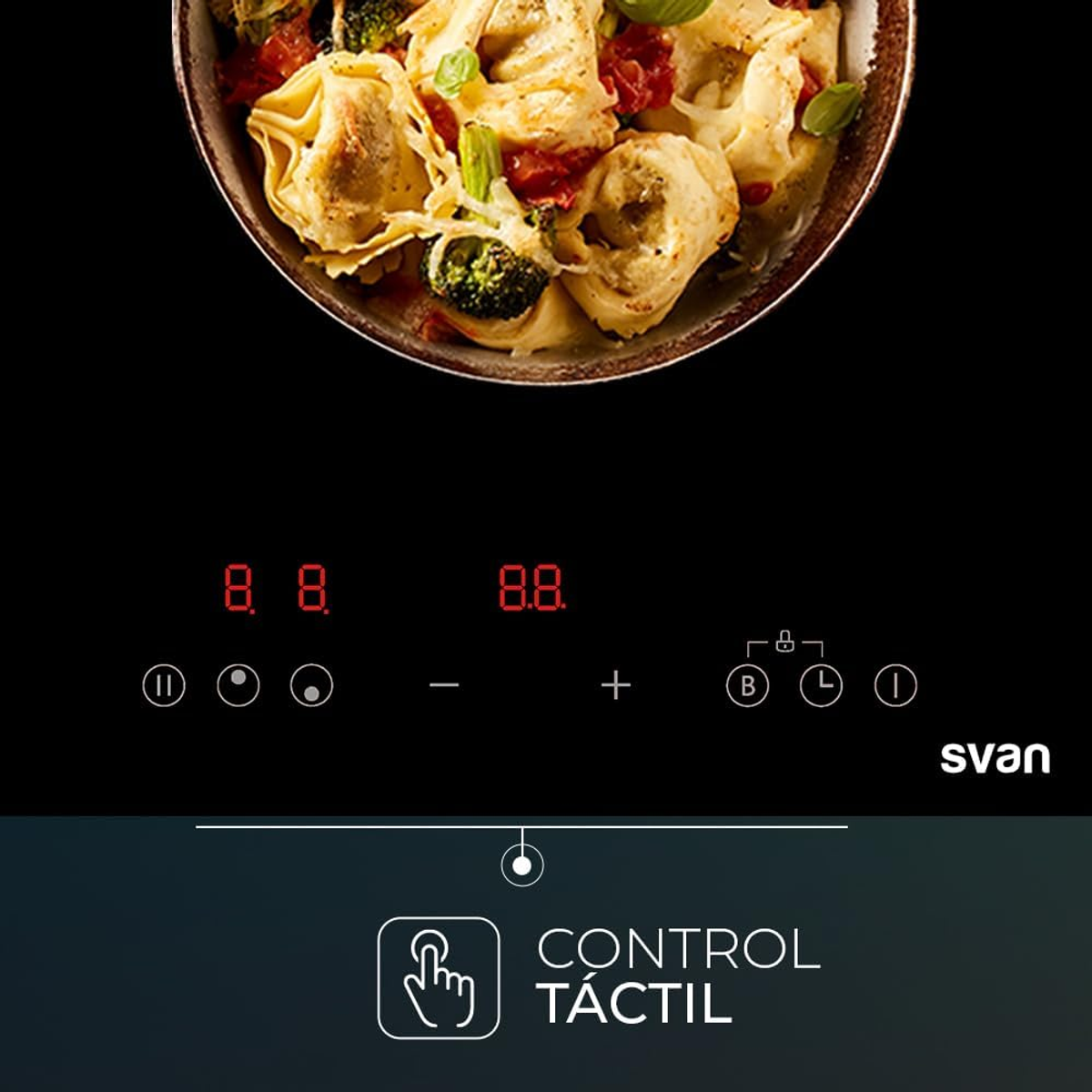 Placa táctil negra con pasta. Números rojos y controles táctiles. Svane.