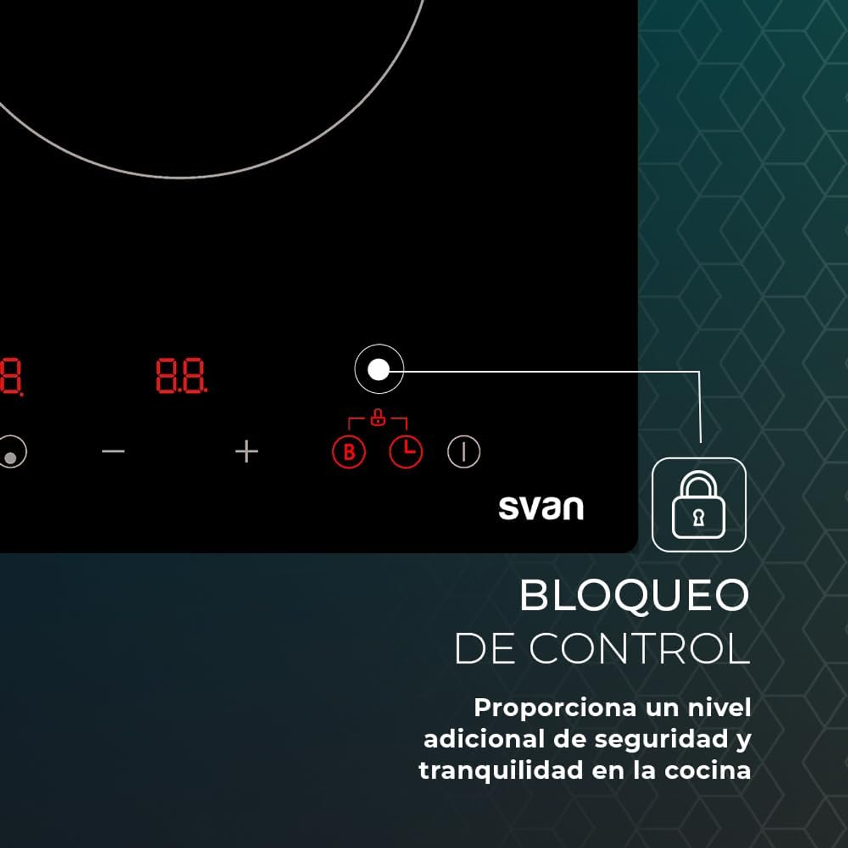 Una placa de inducción con controles táctiles y un símbolo de bloqueo. Fondo negro.