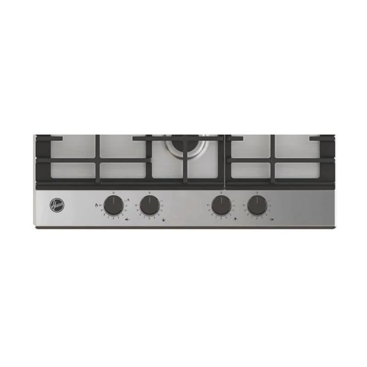 Piano cottura in acciaio inox con quattro fuochi a gas e manopole di controllo. Logo Hoover visibile.