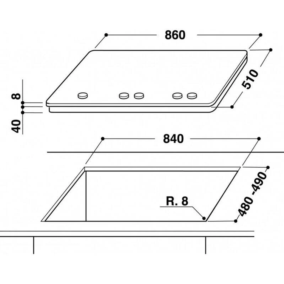 Maatdiagram van een kookplaat met afmetingen in mm. Bovenaanzicht, met uitsparing details.