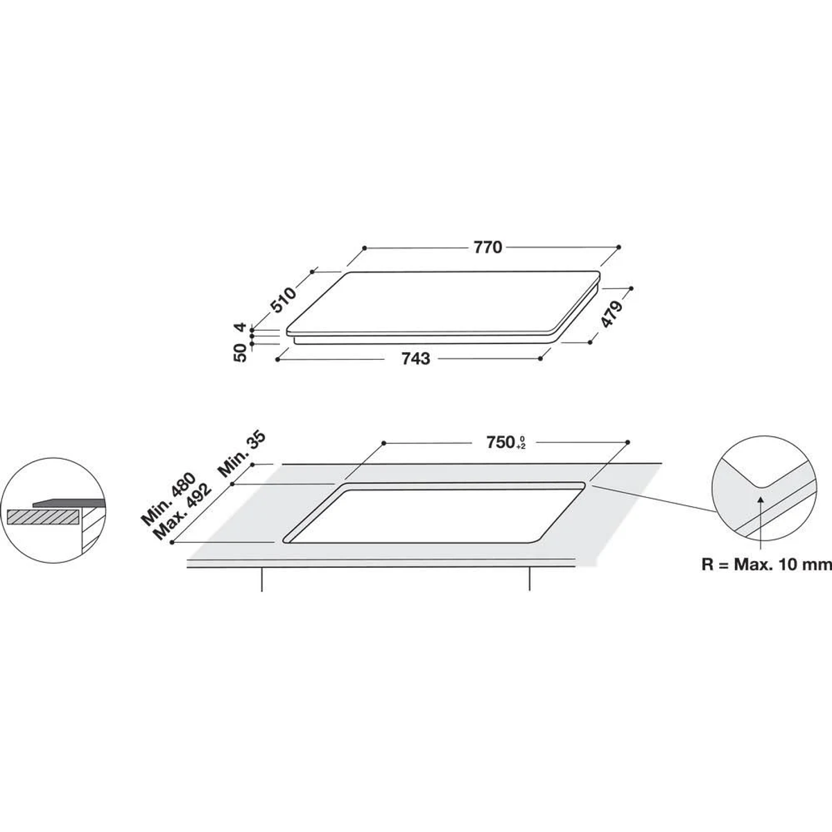 Diagrama de una placa de cocina con dimensiones y medidas en milímetros. La placa es rectangular.