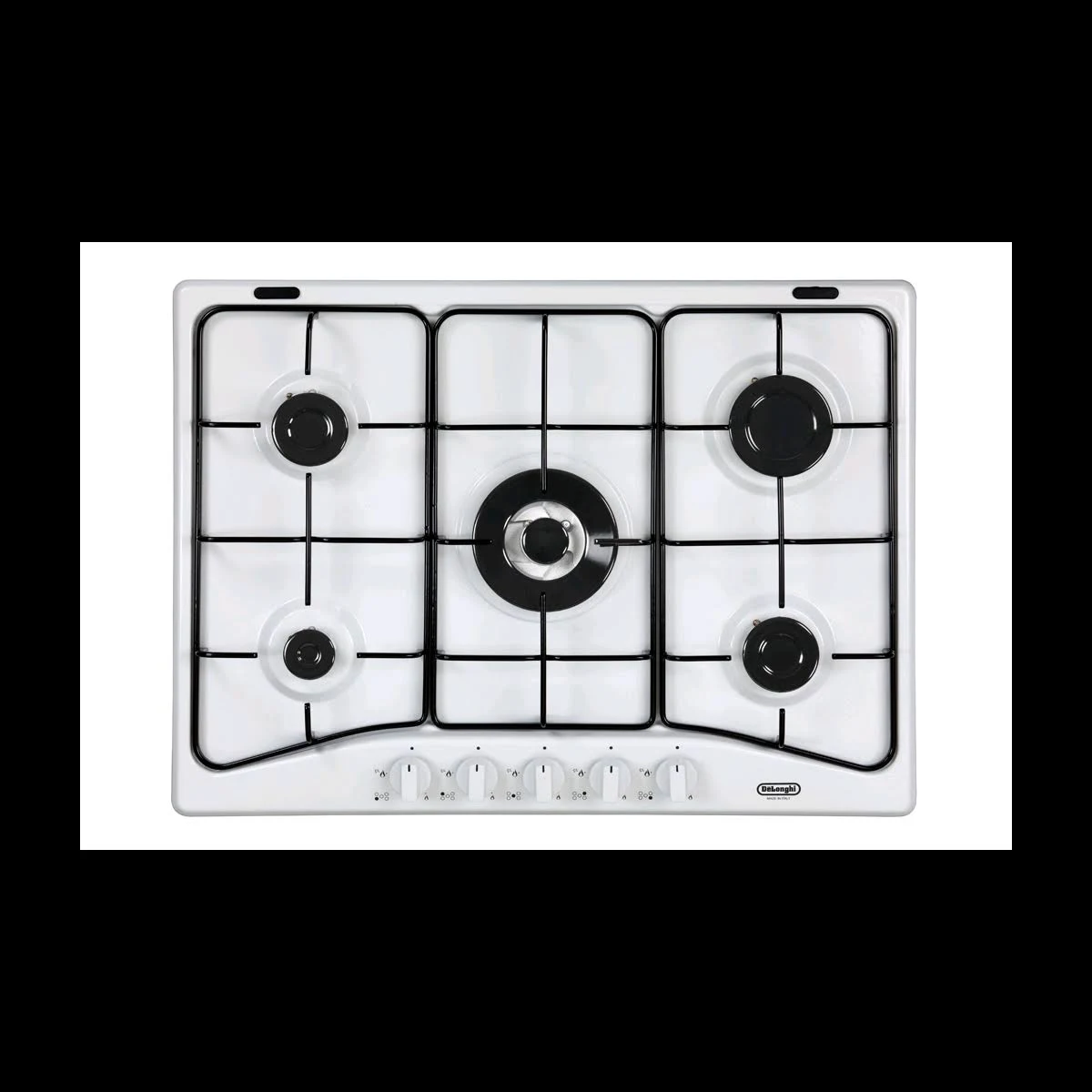 Zbliżenie czarnej płyty grzewczej z czarnymi palnikami i białymi pokrętłami.