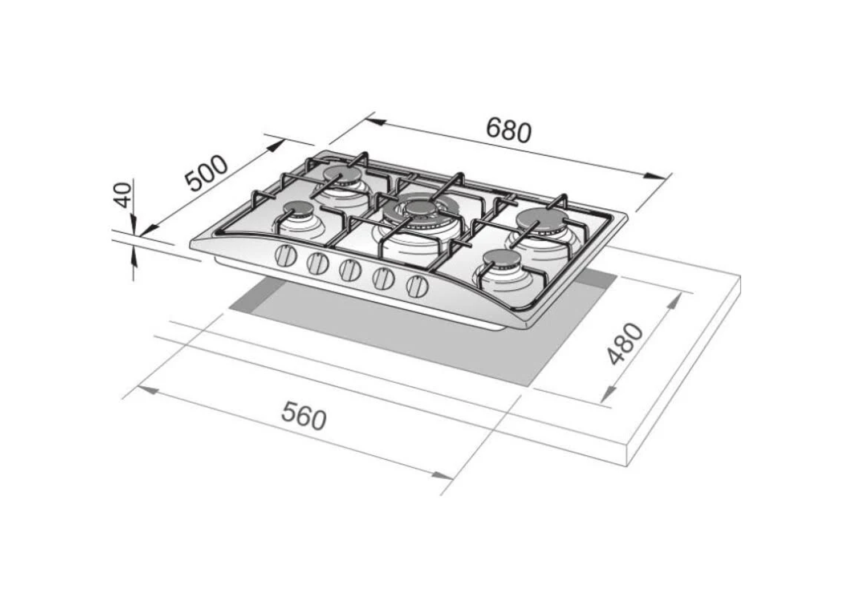 Widok perspektywiczny kuchenki gazowej z pięcioma palnikami. Wymiary są oznaczone na zdjęciu.