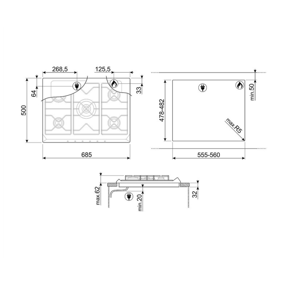 Diagrama de una vitrocerámica con medidas y detalles técnicos.