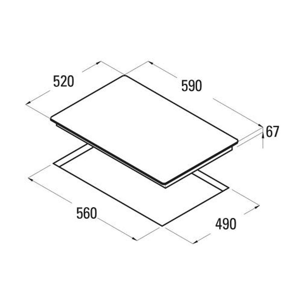 Diagramma di un piano cottura con dimensioni. Il piano cottura è rettangolare con misure etichettate.