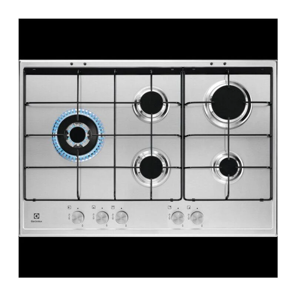 Placa plateada con cuatro quemadores, marca Electrolux y mandos.