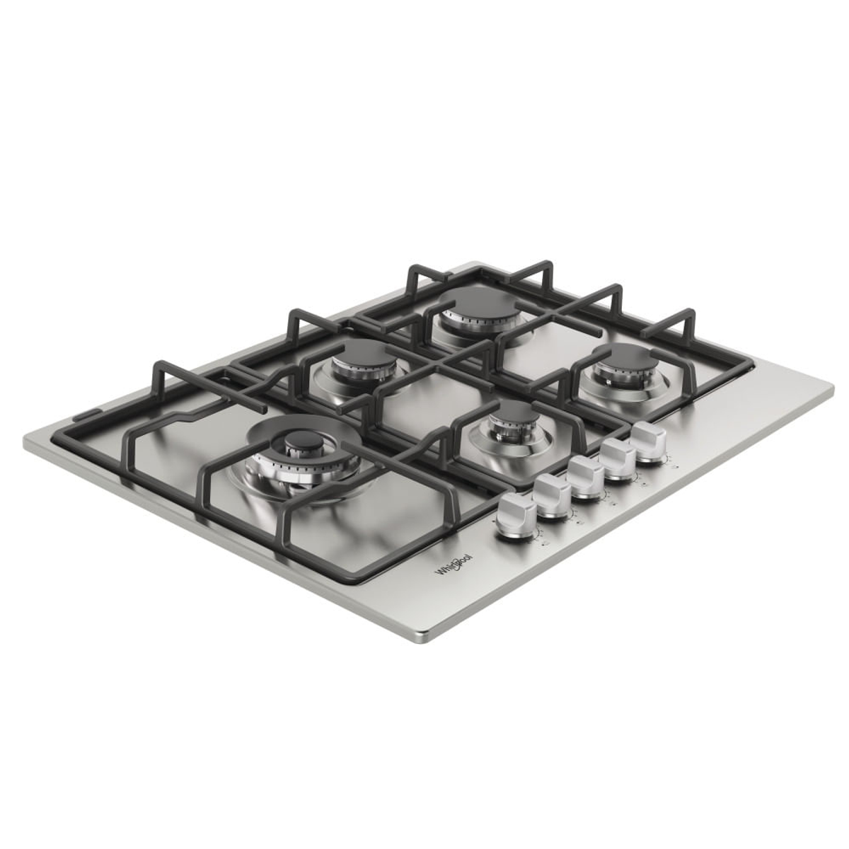 Płyta gazowa ze stali nierdzewnej z czterema palnikami i pokrętłami sterowania z przodu.