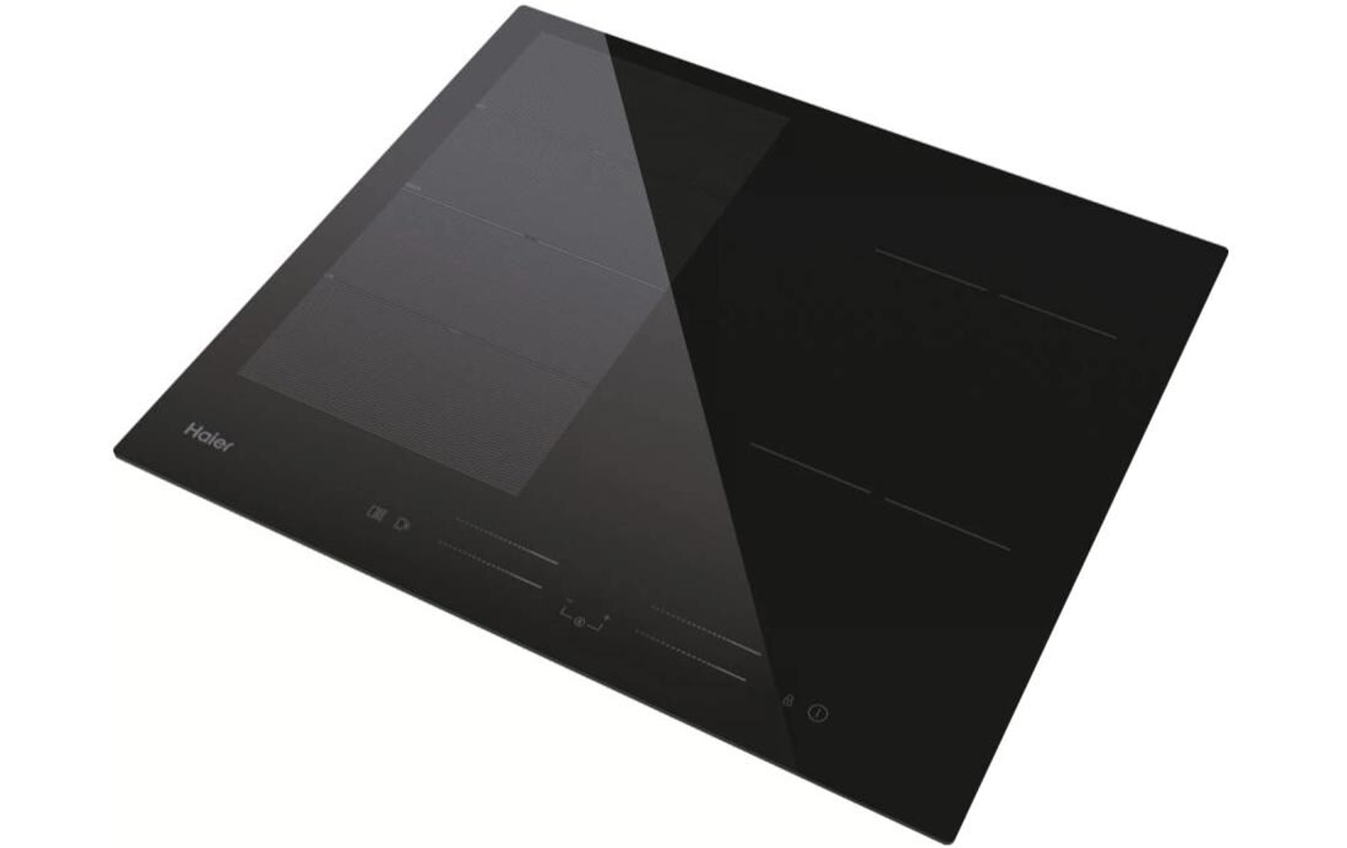 Czarna płyta indukcyjna Haier z dotykowymi elementami sterującymi i wyświetlaczem cyfrowym.
