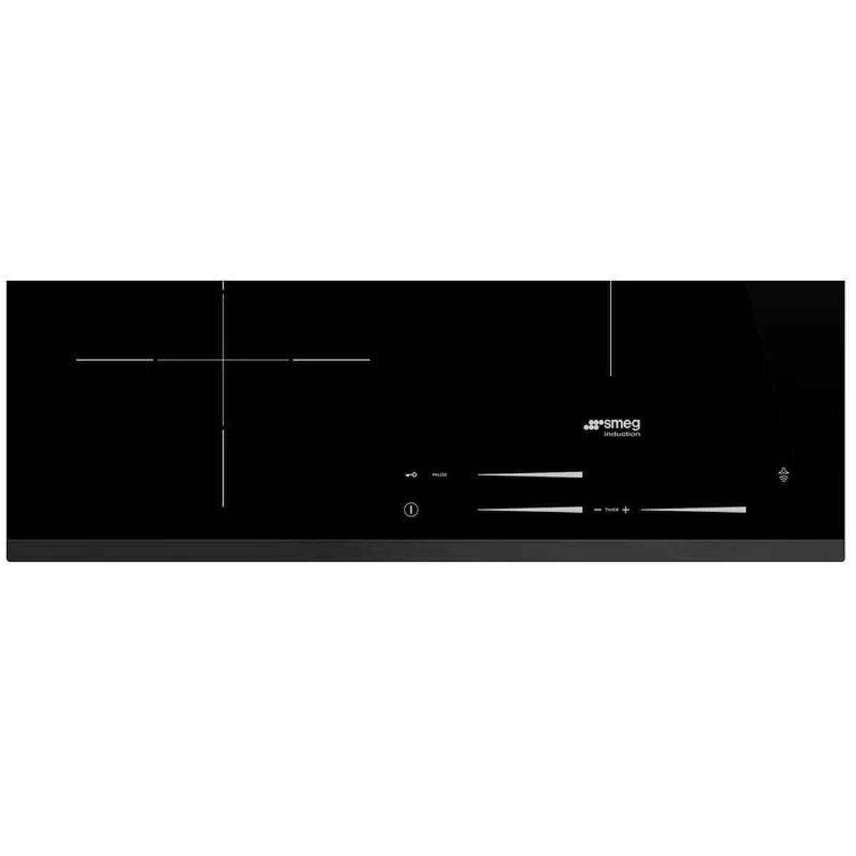Placa de inducción negra con controles táctiles y nombre de la marca Smeg.
