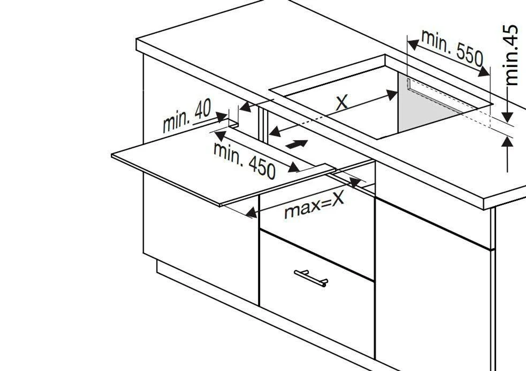 Technische tekening van een keukenopstelling, met uitsparingsmaten in mm voor de installatie.