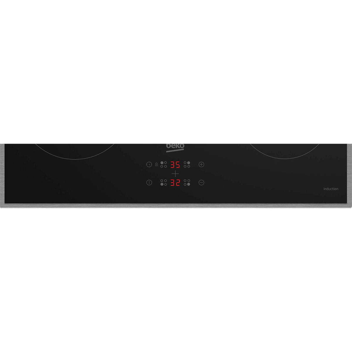 Zwart inductiekookplaat met zilveren rand, touchscreen bediening en digitale display.