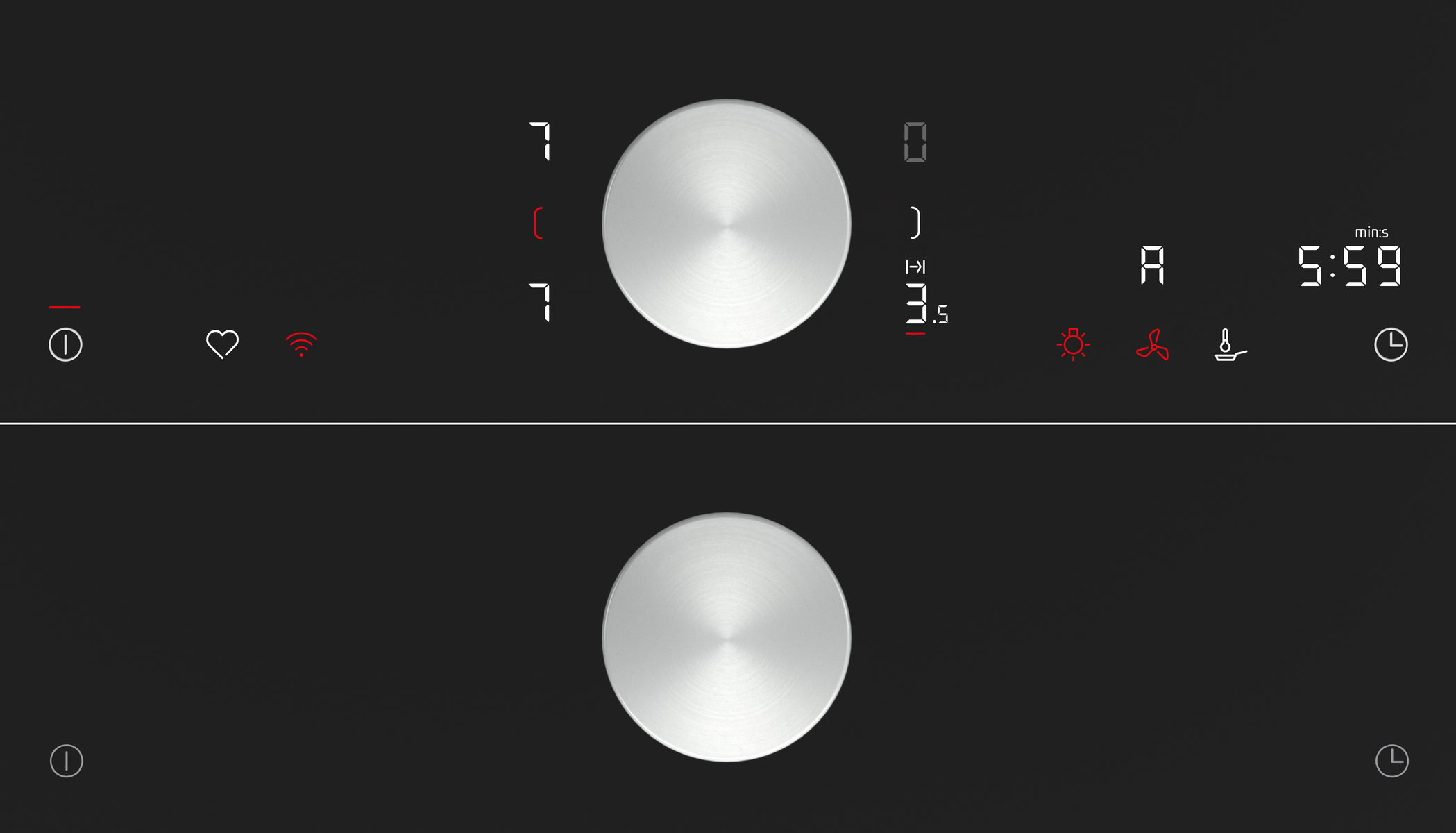 Czarna płyta grzejna z pokrętłami i wyświetlaczem cyfrowym.