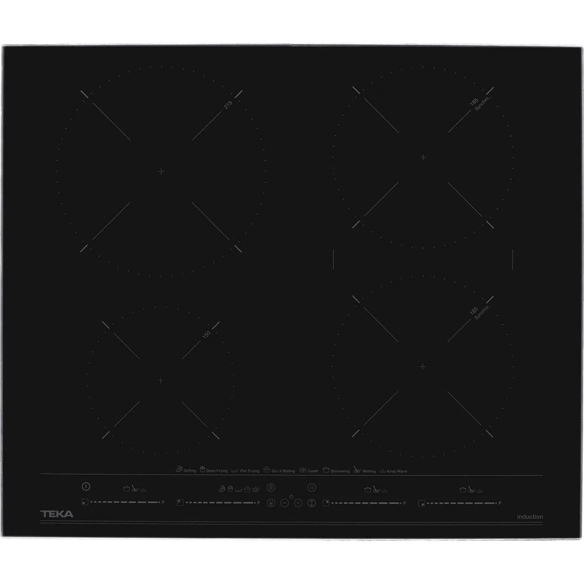Una placa de inducción negra con cuatro zonas de cocción y controles táctiles.