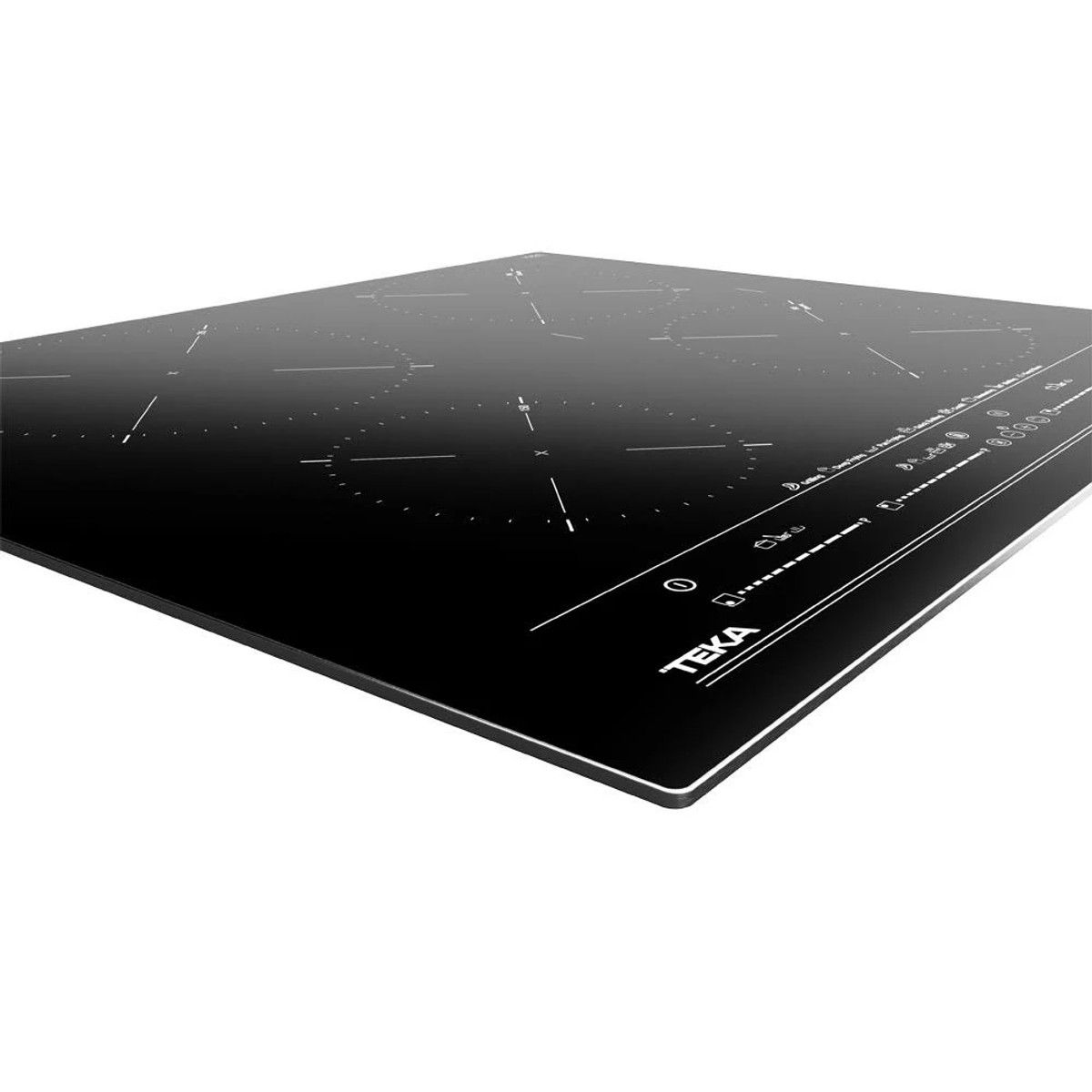 Placa de inducción Teka negra con contornos de zonas de cocción.