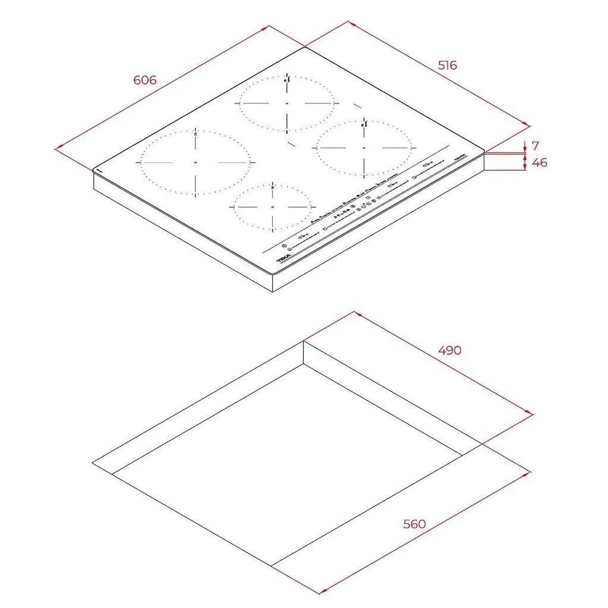 Diagrama de una placa de cocina con dimensiones y medidas en milímetros.